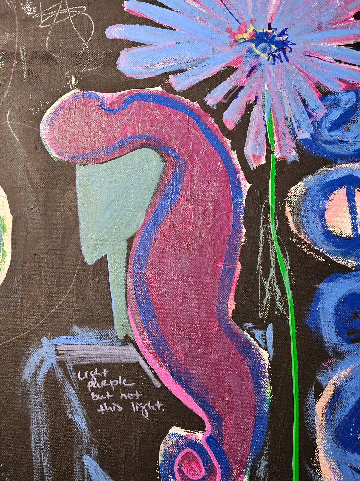 Detail — layered mixed media texture with raw canvas showing through