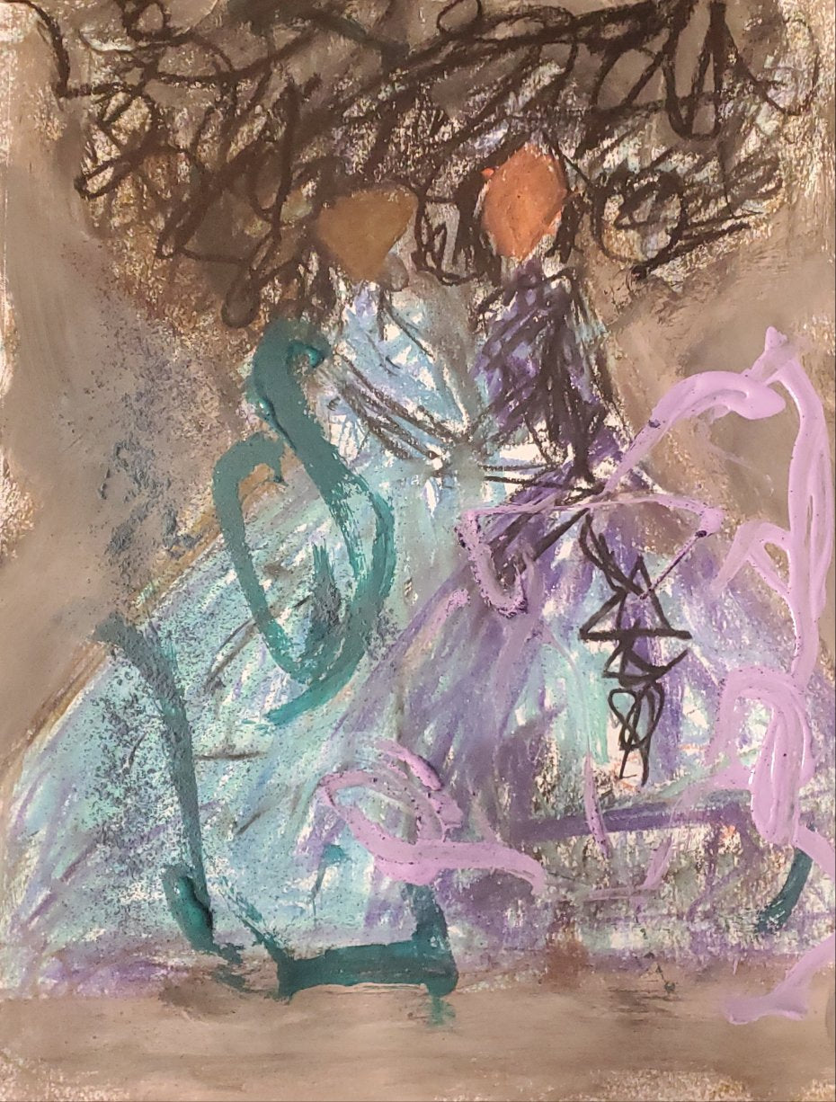 Sisters — original mixed media painting by Jamie Conner, two figures in teal and violet on archival paper