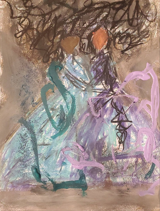 Sisters — original mixed media painting by Jamie Conner, two figures in teal and violet on archival paper